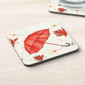 Hellroter Regenschirm und rote Blätter Aquarell Getränkeuntersetzer (Linke Seite)