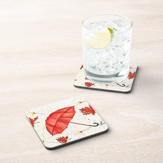 Hellroter Regenschirm und rote Blätter Aquarell Getränkeuntersetzer (Rechte Seite)