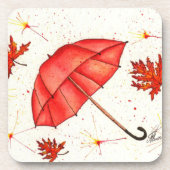 Hellroter Regenschirm und rote Blätter Aquarell Getränkeuntersetzer (Vorderseite)