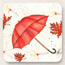 Hellroter Regenschirm und rote Blätter Aquarell