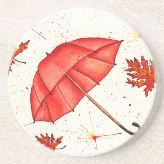 Hellroter Regenschirm und rote Blätter Aquarell Getränkeuntersetzer (Vorne)