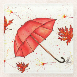 Hellroter Regenschirm und rote Blätter Aquarell Glasuntersetzer