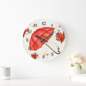 Hellroter Regenschirm und rote Blätter Aquarell Große Wanduhr (Zuhause)