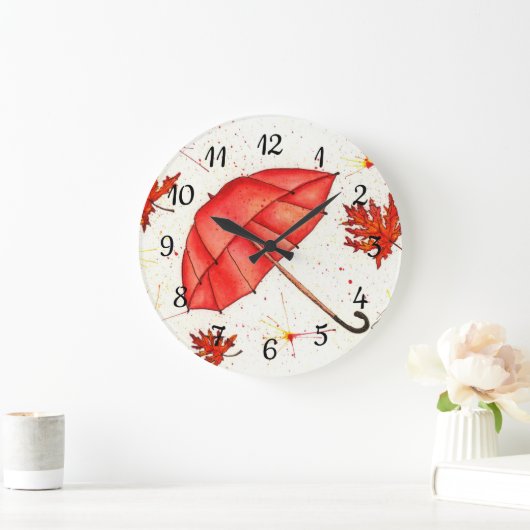 Hellroter Regenschirm und rote Blätter Aquarell Große Wanduhr (Zuhause)