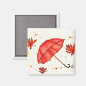 Hellroter Regenschirm und rote Blätter Aquarell Magnet (Vorderseite/Rückseite)