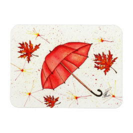 Hellroter Regenschirm und rote Blätter Aquarell Magnet