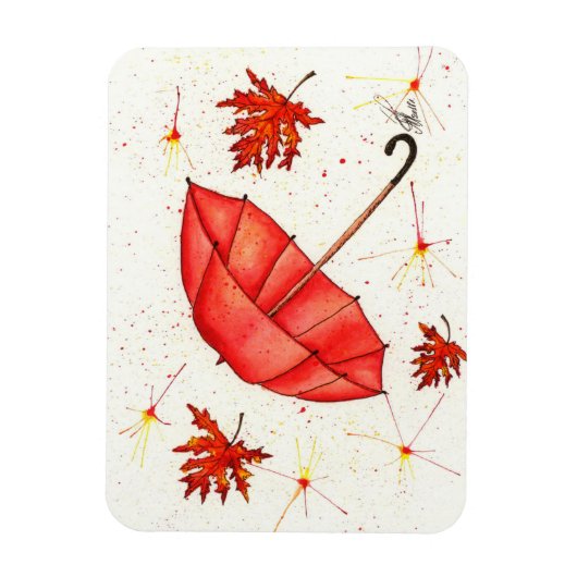 Hellroter Regenschirm und rote Blätter Aquarell Magnet (Vertikal)