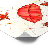 Hellroter Regenschirm und rote Blätter Aquarell Poster (Ecke)