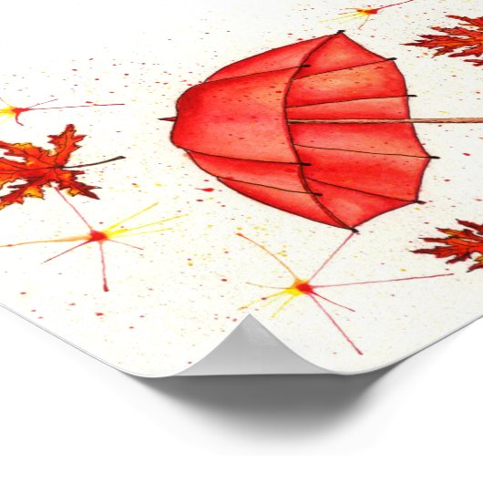 Hellroter Regenschirm und rote Blätter Aquarell Poster (Ecke)