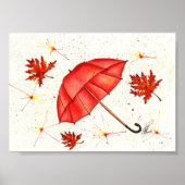 Hellroter Regenschirm und rote Blätter Aquarell Poster (Vorne)