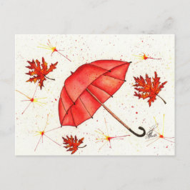 Hellroter Regenschirm und rote Blätter Aquarell Postkarte