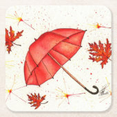 Hellroter Regenschirm und rote Blätter Aquarell Rechteckiger Pappuntersetzer (Vorderseite)