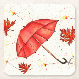 Hellroter Regenschirm und rote Blätter Aquarell Rechteckiger Pappuntersetzer