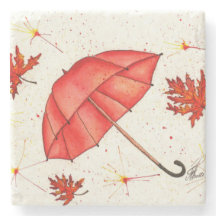 Hellroter Regenschirm und rote Blätter Aquarell