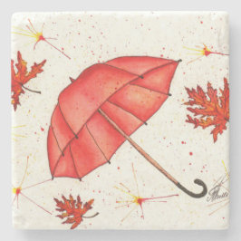 Hellroter Regenschirm und rote Blätter Aquarell Steinuntersetzer