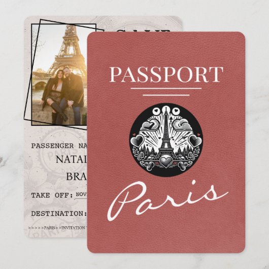 Hellroter Reisepass Paris Save The Date (Vorne/Hinten)