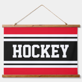 Hellroter, Schwarz-weißer Streifen - HOCKEY-Text Wandteppich Mit Holzrahmen