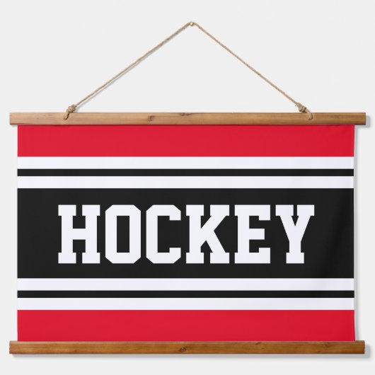 Hellroter, Schwarz-weißer Streifen - HOCKEY-Text Wandteppich Mit Holzrahmen (Vorne)