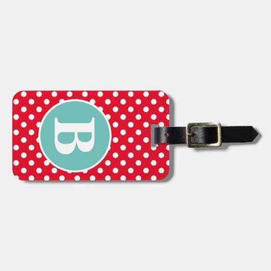 Hellroter und weißer Polka-Dot mit Aquamarinem Mon Gepäckanhänger (Vorderseite horizontal)