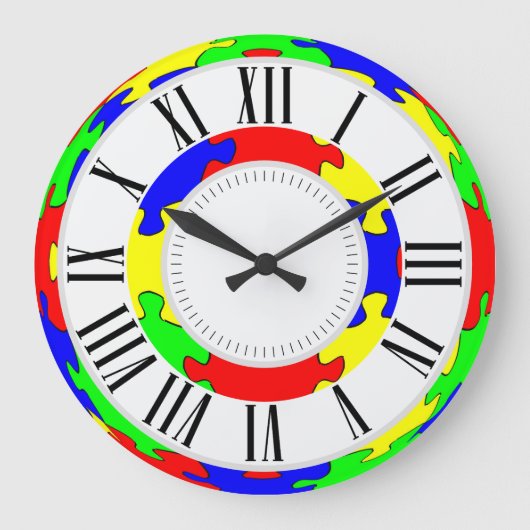 Hellrotes, blaues, grünes und gelbes Puzzle Große Wanduhr (Vorderseite)