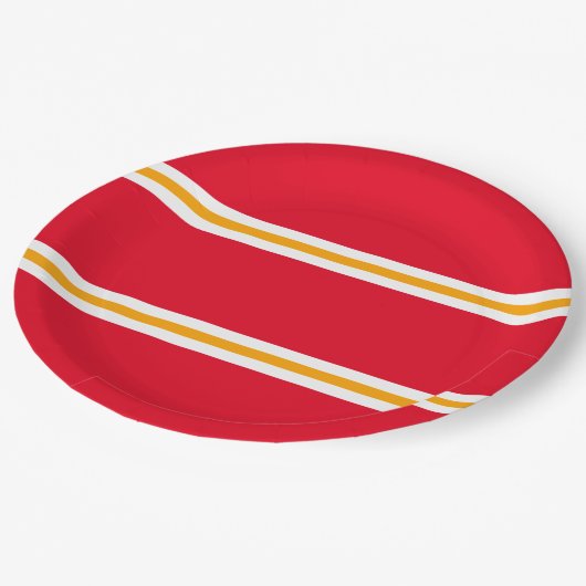Hellrotes Gelbes Weißes Sommerraining Streifen Pappteller (Schrägansicht)