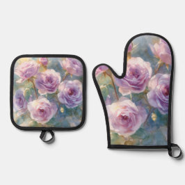 Hellviolette Rosen Impressionistische Blumen Ofenhandschuh & Topflappen-Set