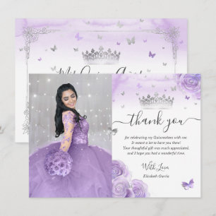 Hellviolette und silberne Quinceañera-Foto-Geburts Dankeskarte