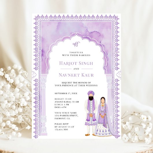 Hellviolette Wasserfarbe-Bogenrahmen Sikh-Hochzeit Einladung