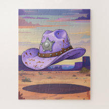 Hellvioletter Cowgirl-Hut, der in der Wüste schweb