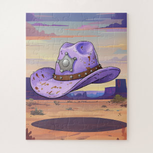 Hellvioletter Cowgirl-Hut, der in der Wüste schweb Puzzle