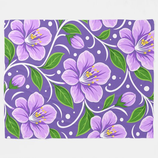 Hellviolettes Blumenmuster mit grünen Blättern Fleecedecke (Vorderseite (Horizontal))