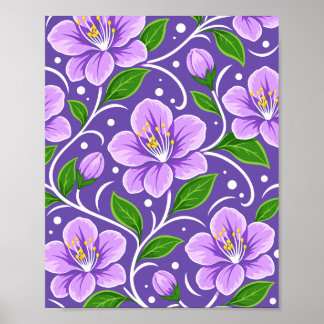 Hellviolettes Blumenmuster mit grünen Blättern Poster