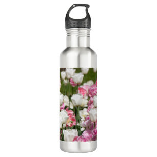Hellweiße und rosa Tulpen auf sonniger Höhe Edelstahlflasche