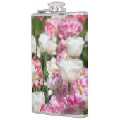 Hellweiße und rosa Tulpen auf sonniger Höhe Flachmann (Links)