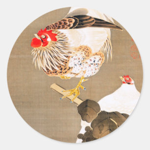 Hen and Rooster with Grapevine by Ito Jakuchu Runder Aufkleber