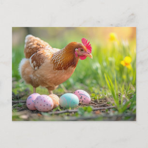 Hen Next to Easter Nest with Colorful Eggs Postkarte