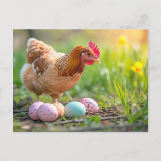 Hen Next to Easter Nest with Colorful Eggs Postkarte (Vorderseite)