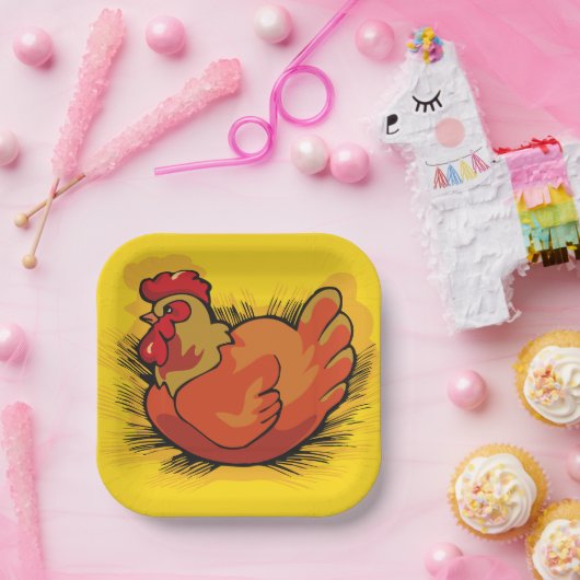 Hen on Nest Bright Farmyard Chicken Pappteller (Party)