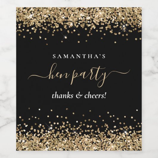 Hen Party Black Gold Glitzer Name Danke Weinetikett (Einzelnes Label)