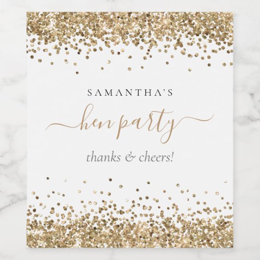 Hen Party Gold Glitzer Name Cheers Danke Weinetikett (Einzelnes Label)