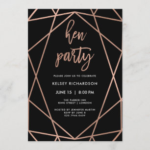 Hen Party   Imitate Rose Gold Geometrie auf schwar Einladung