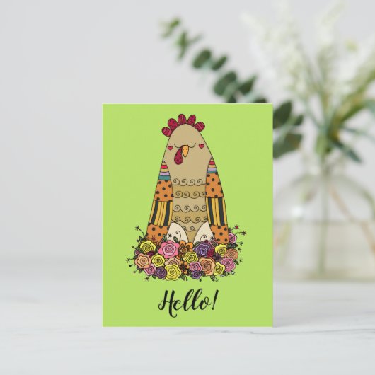 Hen Pattern Folk Art Postcard Postkarte (Stehend Vorderseite)