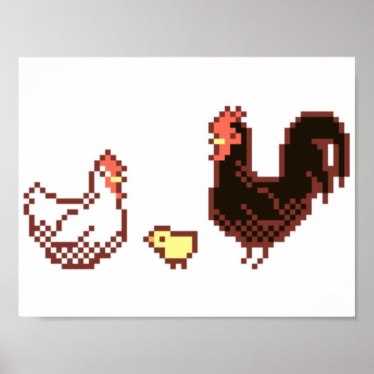 Hen, Rooster und Chick Pixel Art Poster (Vorne)