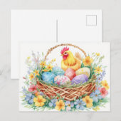 Hen stands beside an Easter nest filled with eggs Postkarte (Vorne/Hinten)