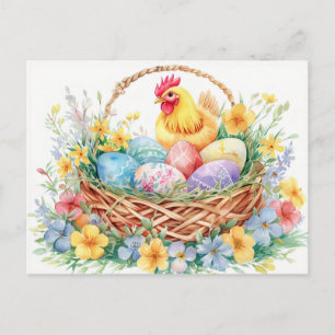 Hen stands beside an Easter nest filled with eggs Postkarte