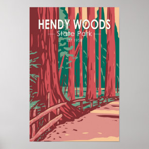 Hendy Woods Staat Park California Abzeichen Vintag Poster