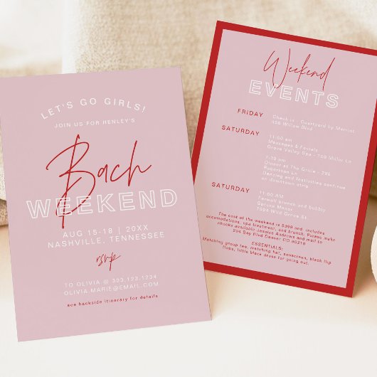 HENLEY Modern Pink & Red Bachelorette Itinerary Einladung