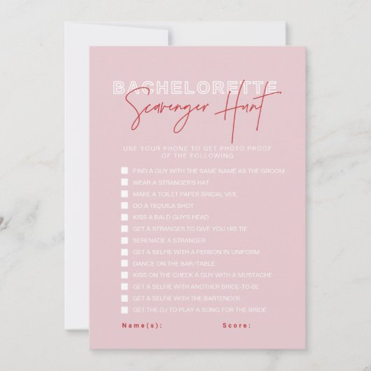 HENLEY Pink Red Bachelorette Scavenger Jagdkarte Einladung (Vorderseite)