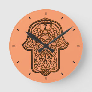 Henna Hand of Hamsa (Orange) Runde Wanduhr