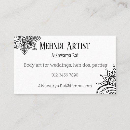 Henna Mehndi Tattoo Artists Visitenkarte (Rückseite)